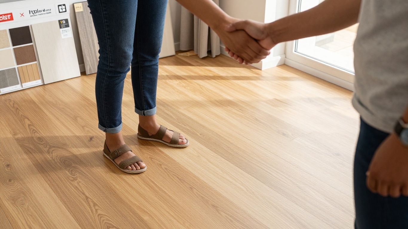 Two business partners shake hands on stylish flooring samples.
