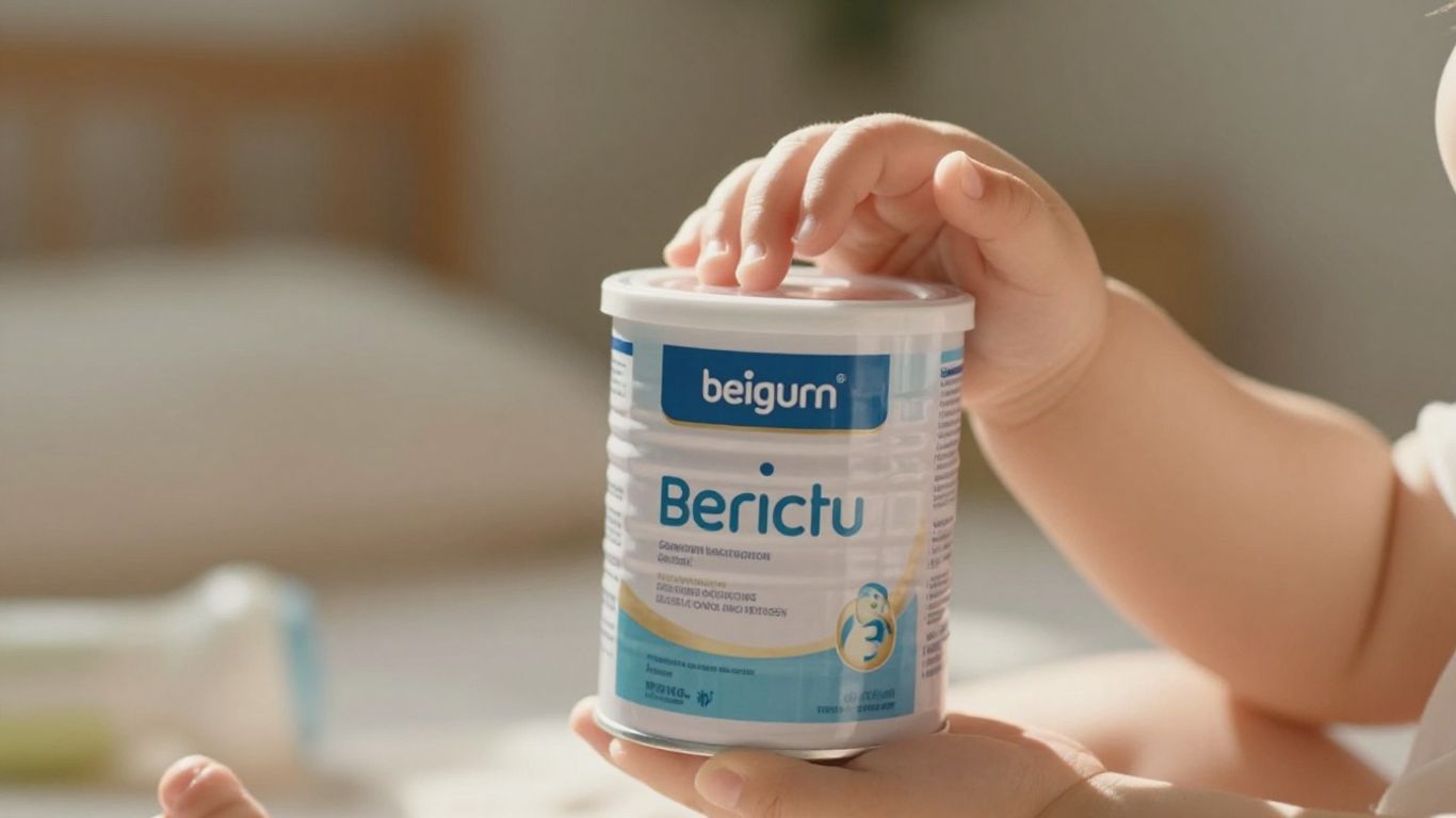 Manos de bebé sosteniendo lata de leche de fórmula.