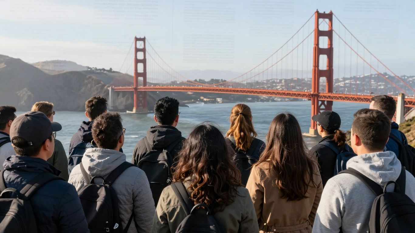 California residency guide with diverse people and Golden Gate Bridge.