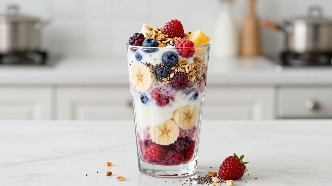 Healthy smoothie with fruits, granola, and chia seeds.