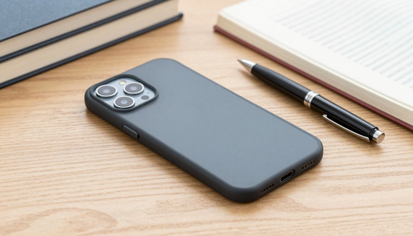 A slim but durable phone case on a wooden desk next to a textbook and a pen.