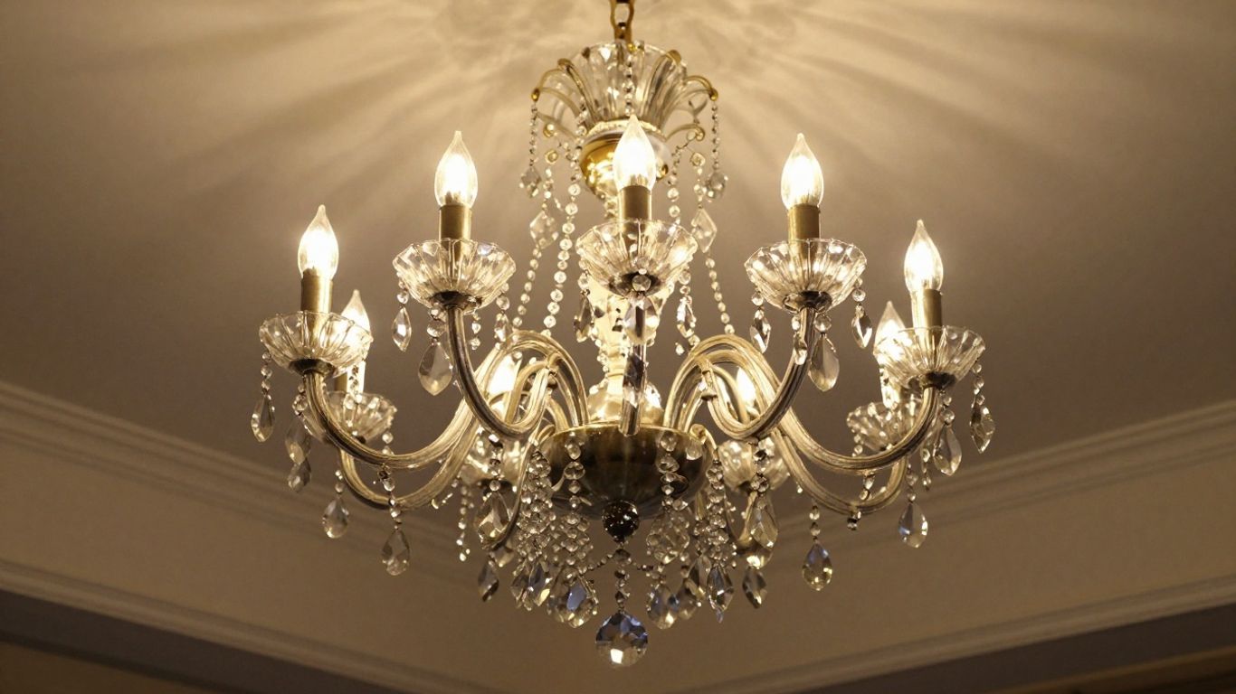 Shimmering chandelier in a low-ceiling room.