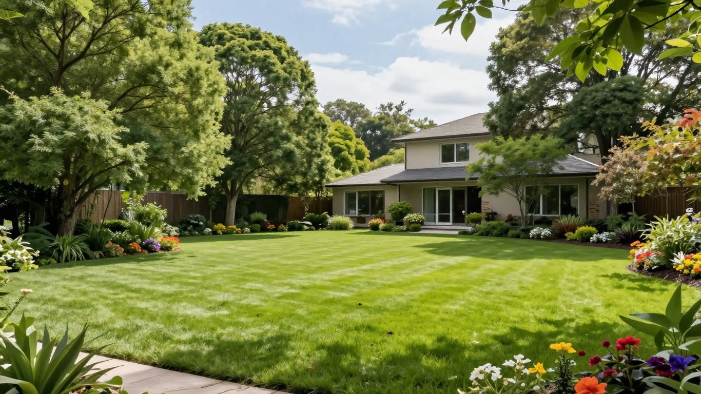 Lush green lawn with trees and flowers.