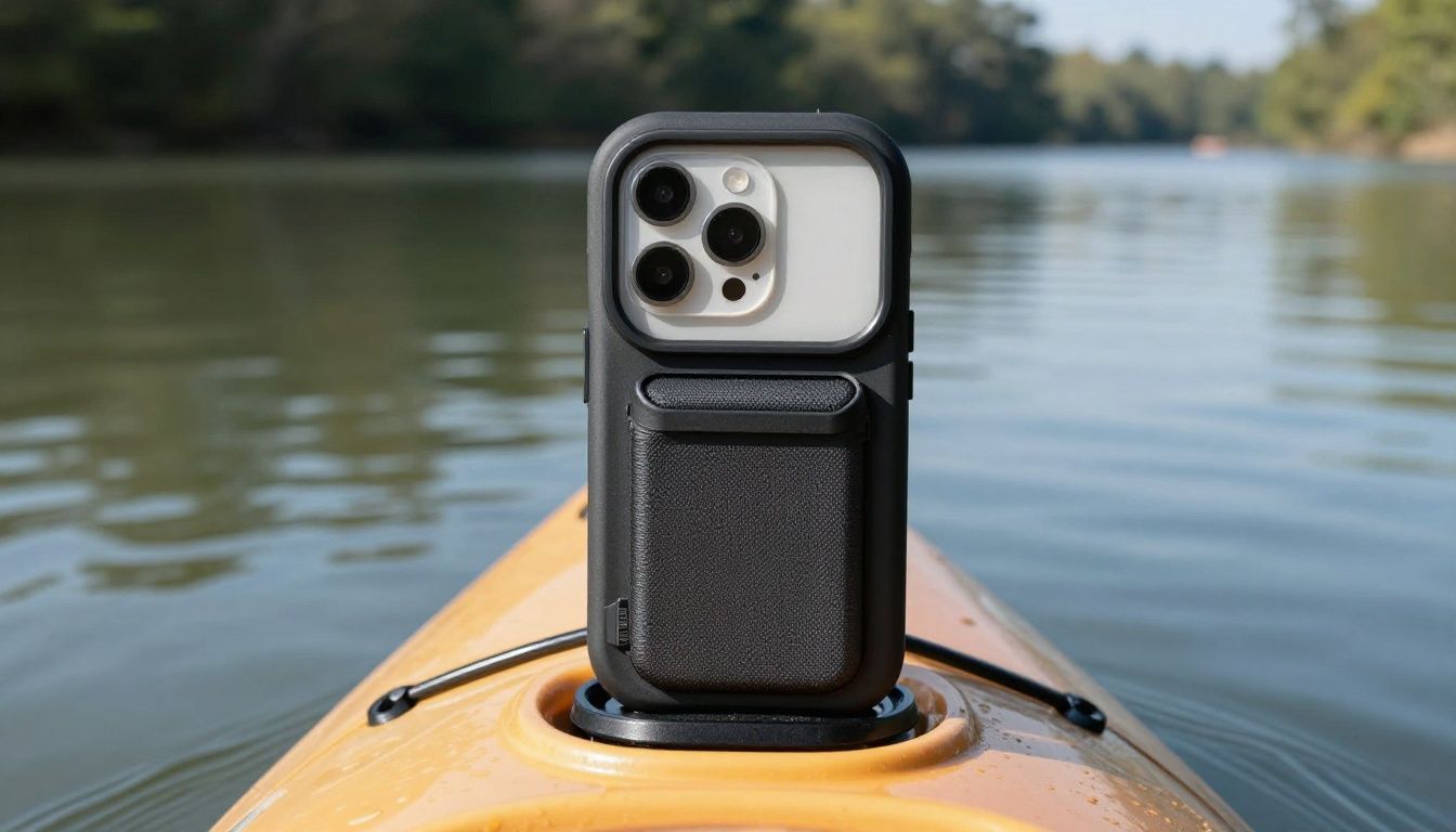An iPhone 16 Pro in a waterproof case mounted on a kayak paddle, with a calm river in the background