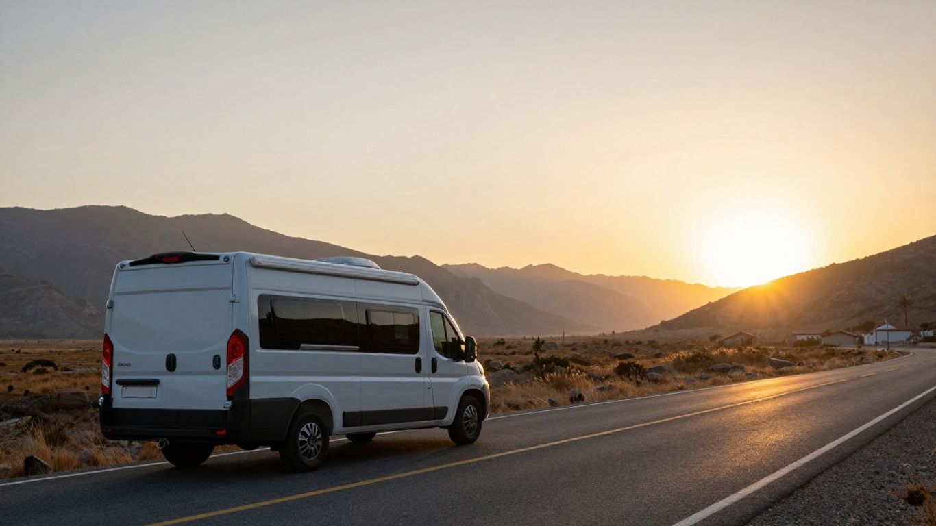 Motorhome on a scenic highway at sunset.