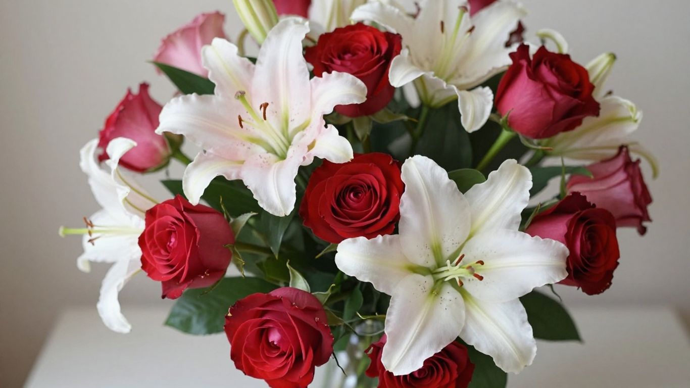 Anniversary flower bouquet with roses and lilies.
