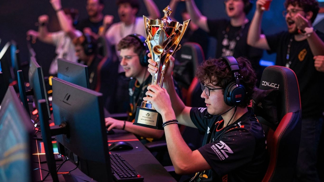 Pro gamer holding trophy, esports arena background.