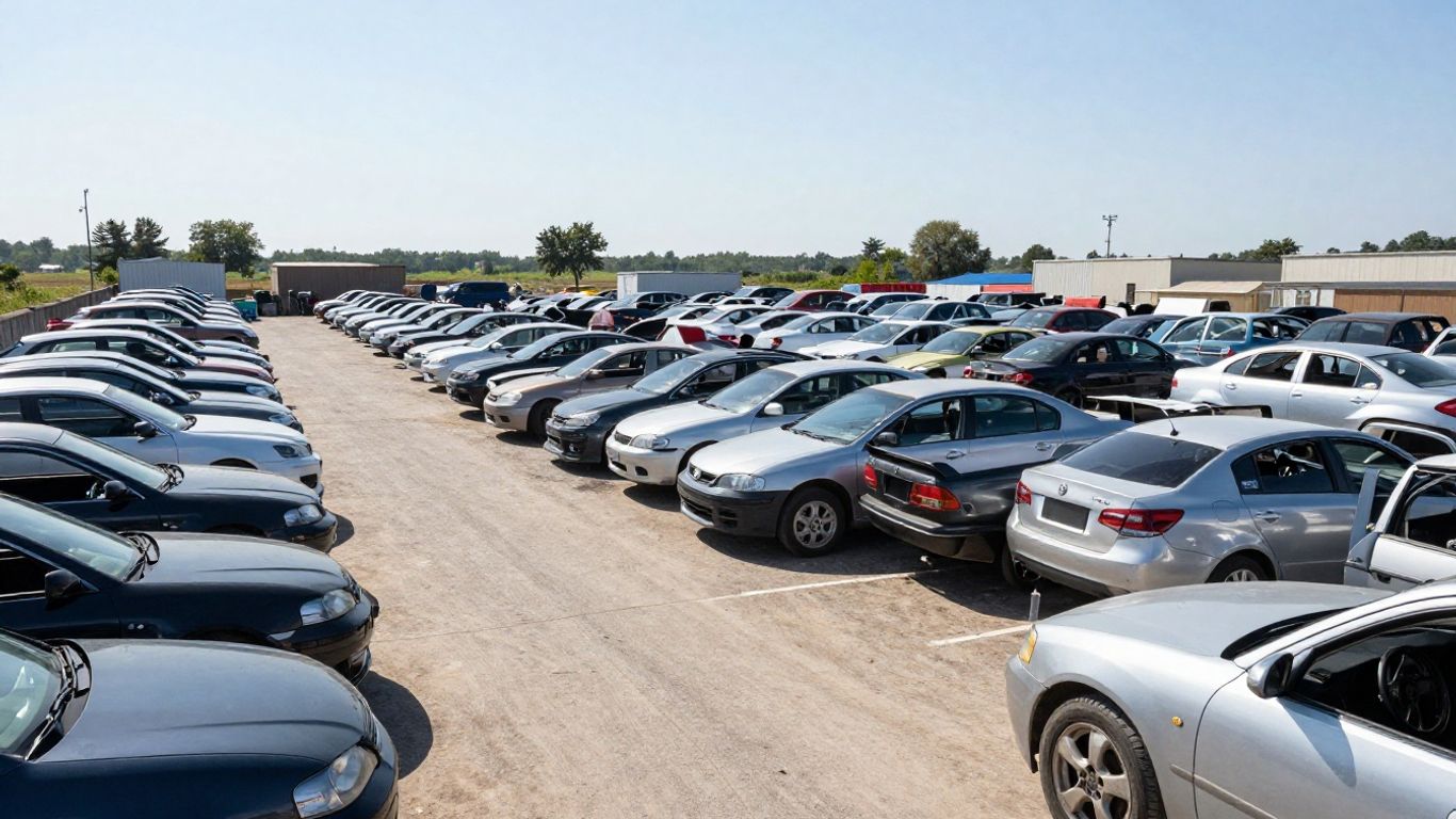 Salvage yard rows with Chrysler vehicles