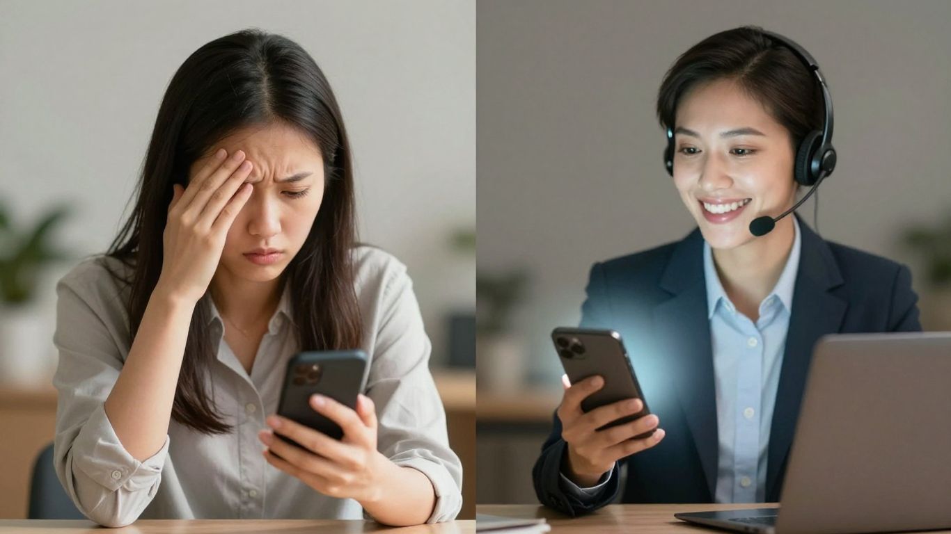 Customer support agent helping a happy customer.