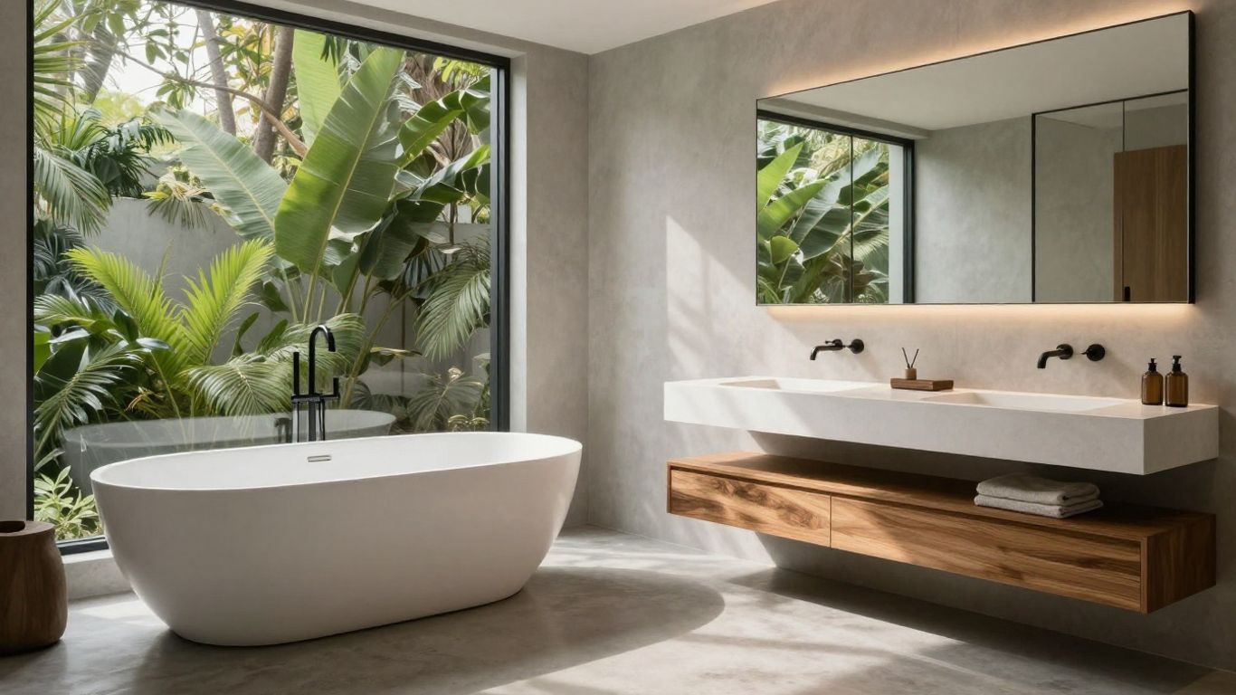 Modern bathroom with soaking tub and sleek vanity.
