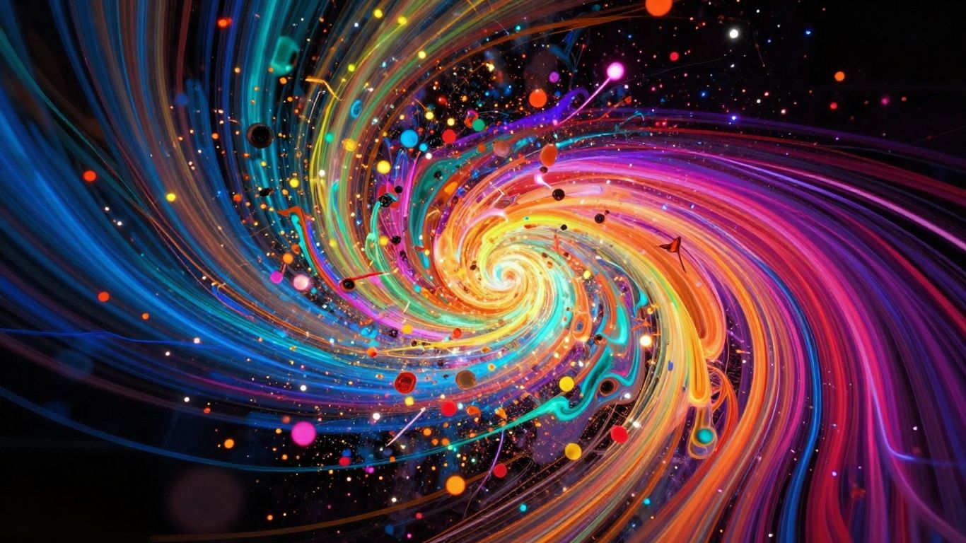 Abstract visual collage with swirling colors and light trails.