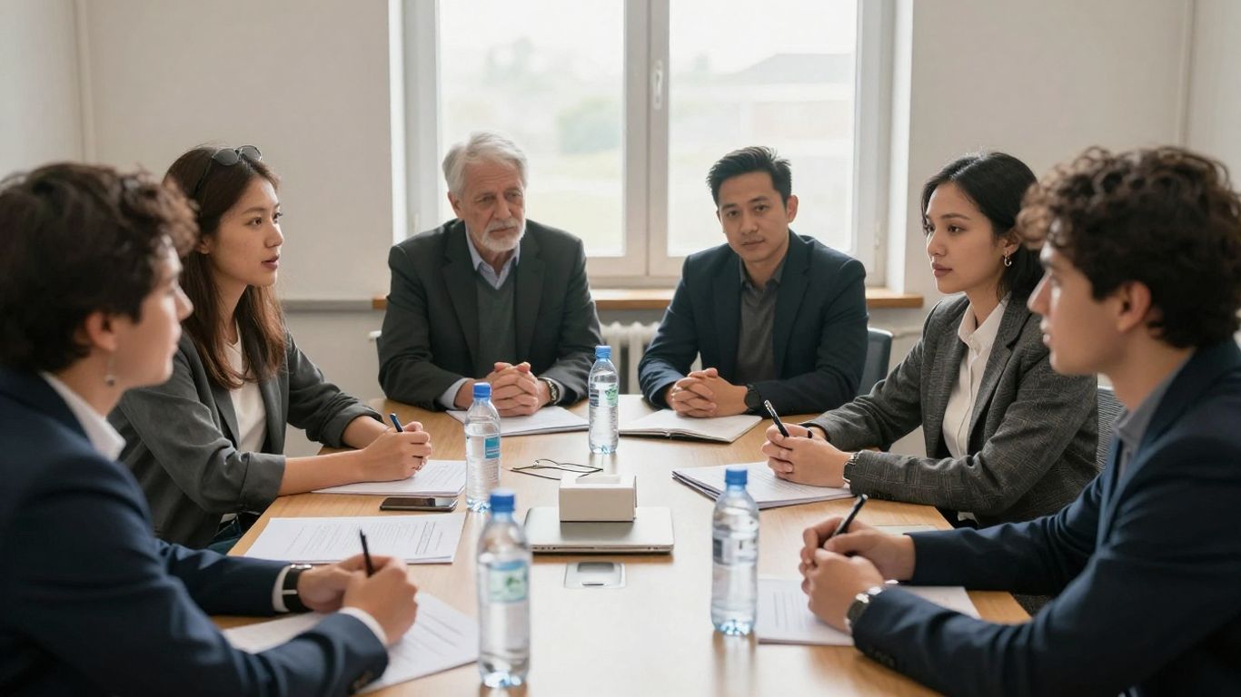 Oameni discutând politici de mediu într-o sală de ședințe.