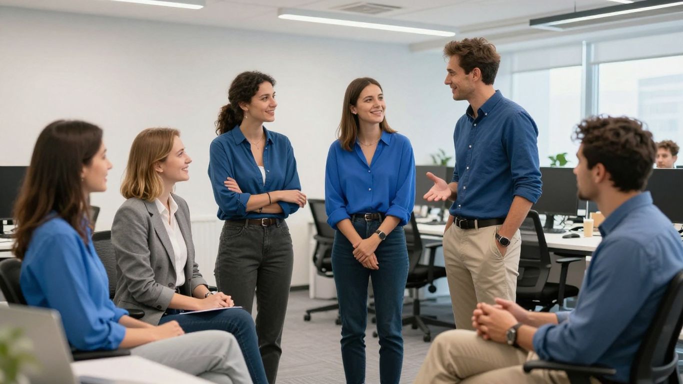 Kollegen unterhalten sich freundlich im Büro.