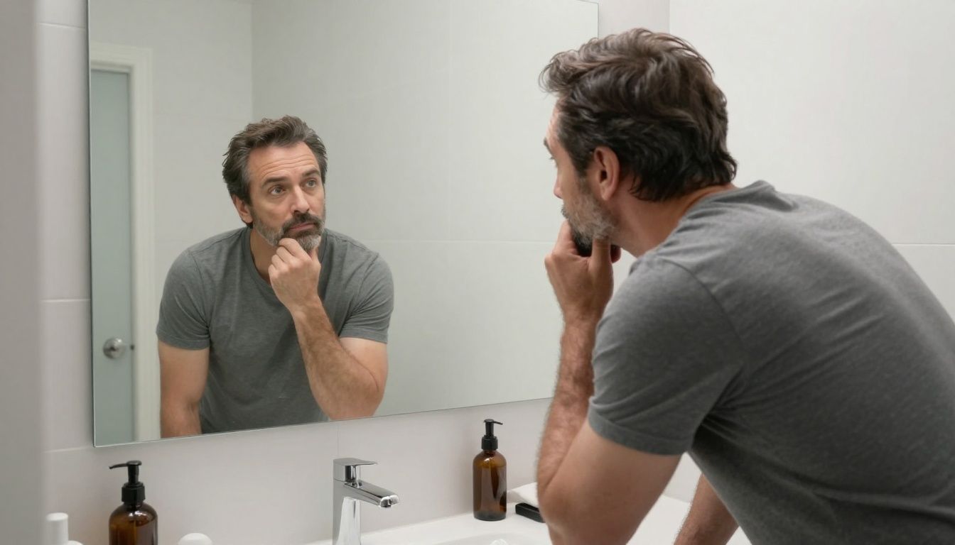 A man in his 40s looking thoughtfully at his reflection in a clean, modern bathroom mirror, contemplating his health and vitality.