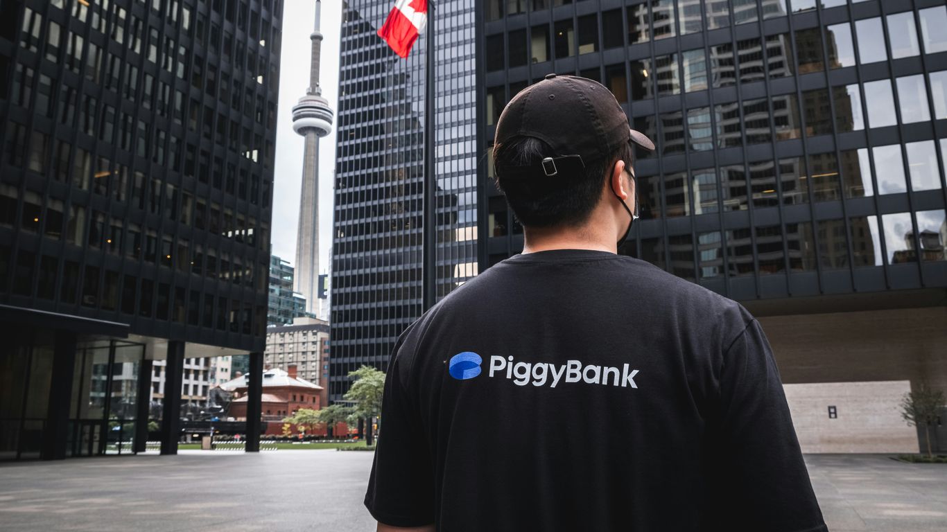a man in a piggy bank t - shirt looking at a canadian flag