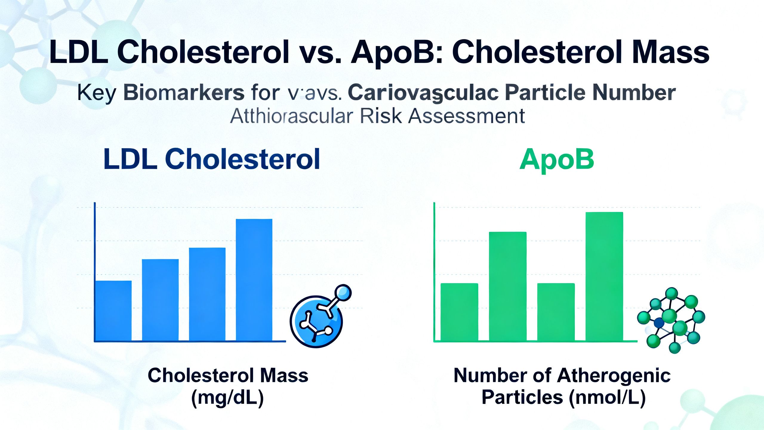 Comparison graphic showing LDL cholesterol as cholesterol mass versus ApoB as the number of atherogenic particles