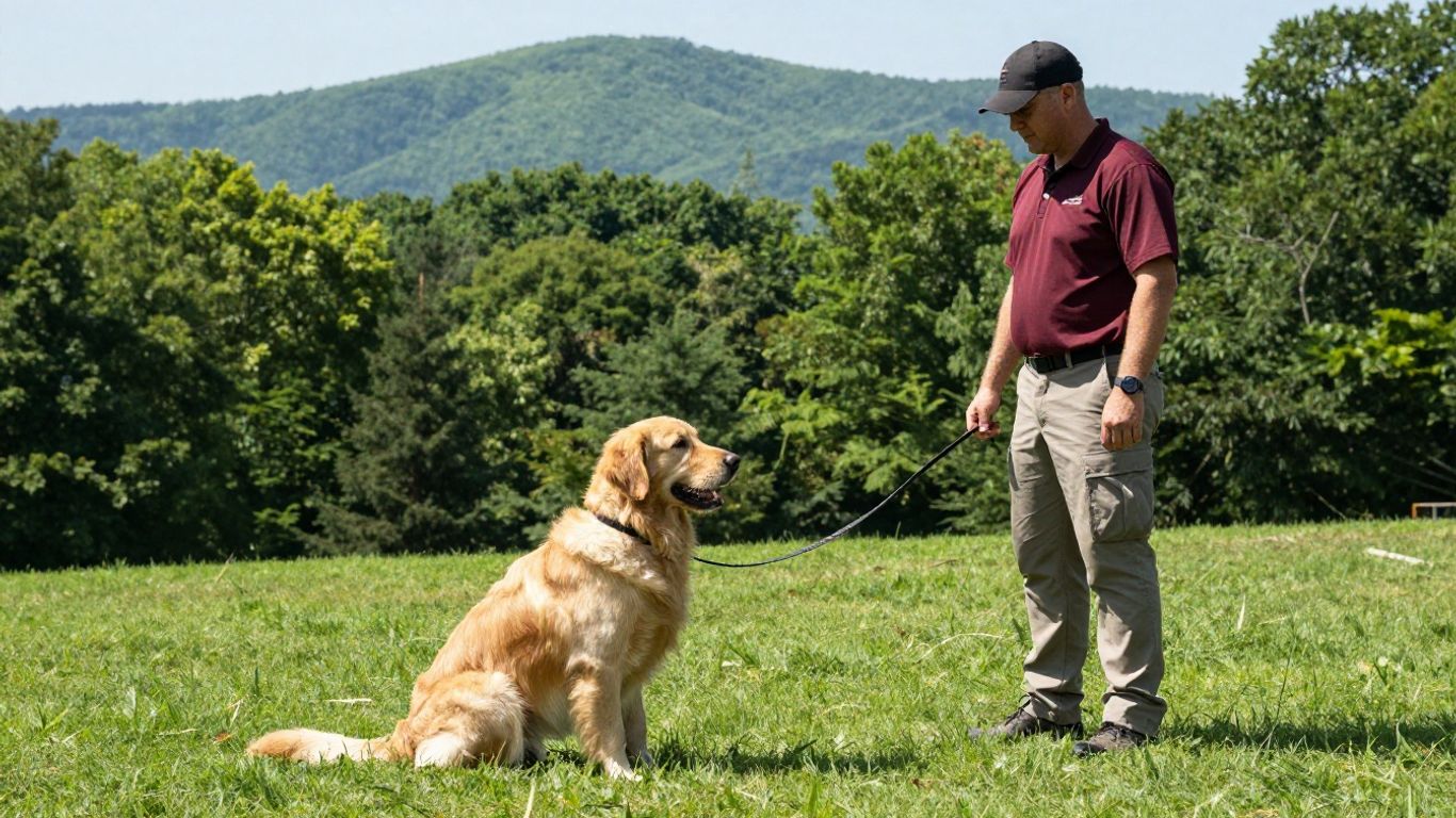 Dog and handler training outdoors in Chattanooga park.