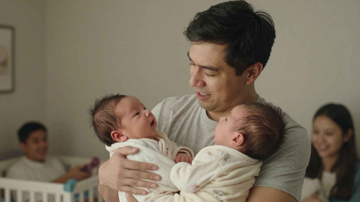 New father holding a newborn baby in a nursery.