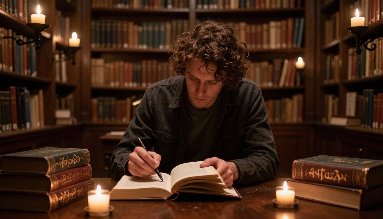 Jogador organizando livros encantados em uma sala da biblioteca arcana, com pistas mágicas iluminando o caminho