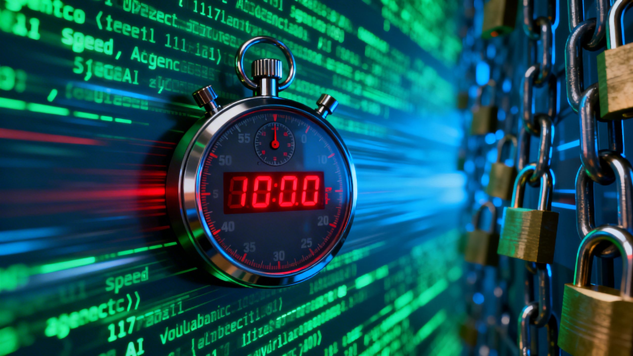 A digital stopwatch showing time decreasing rapidly, with a background of code and security locks, illustrating the speed of agentic AI in vulnerability detection.