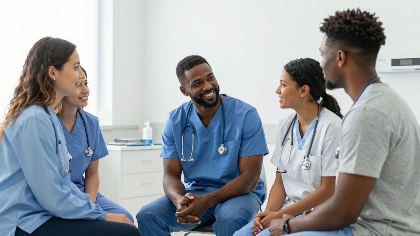 Clinic staff and patients interacting positively in a modern setting.