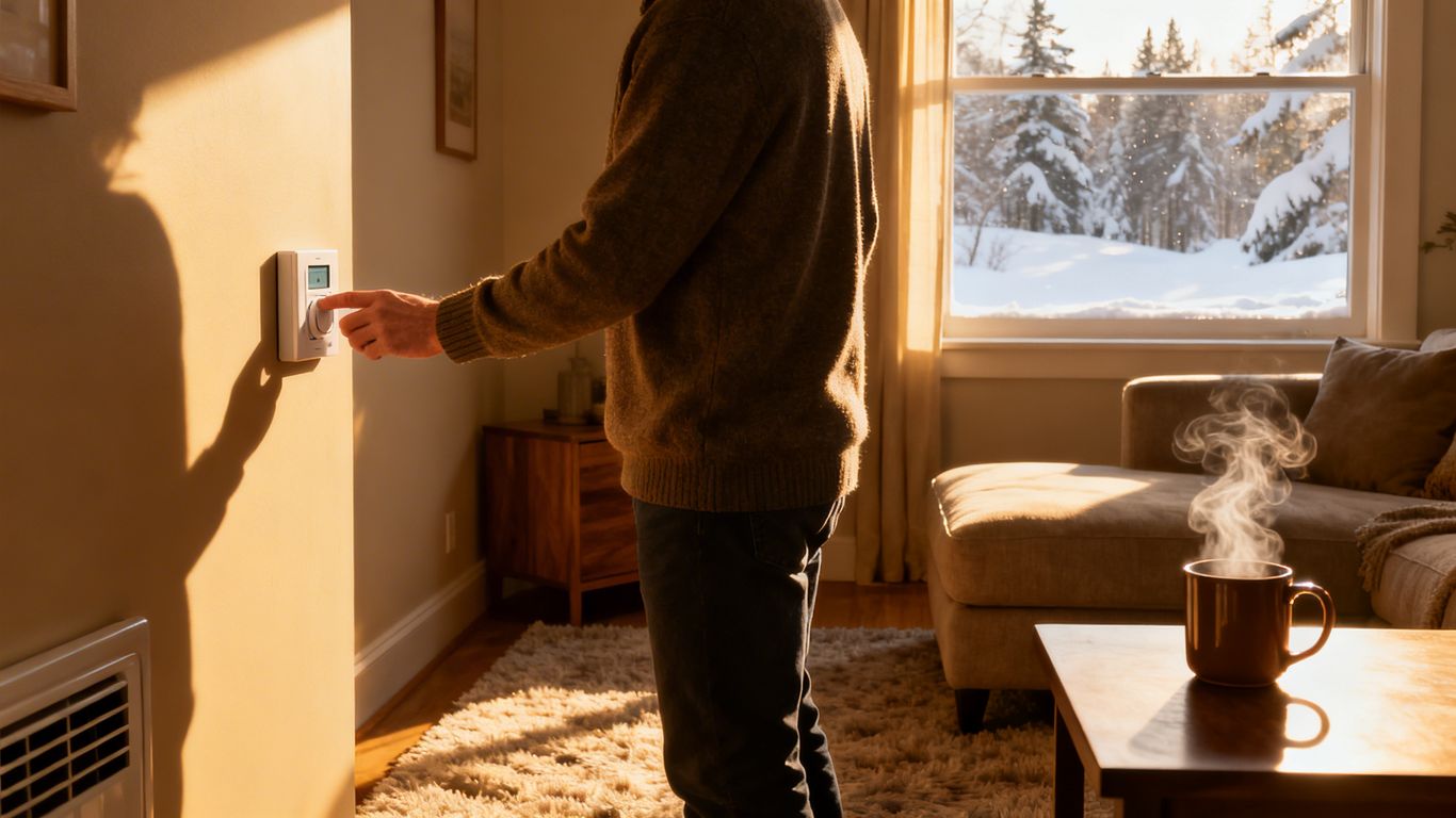 Cozy living room with snowy window and thermostat.