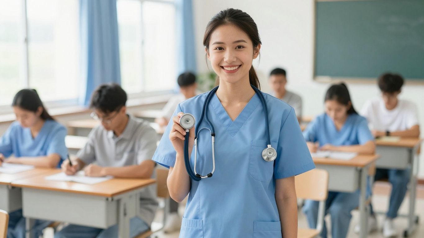 CNA student smiling with stethoscope in classroom