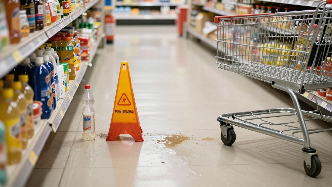 Wet floor sign in a grocery store aisle