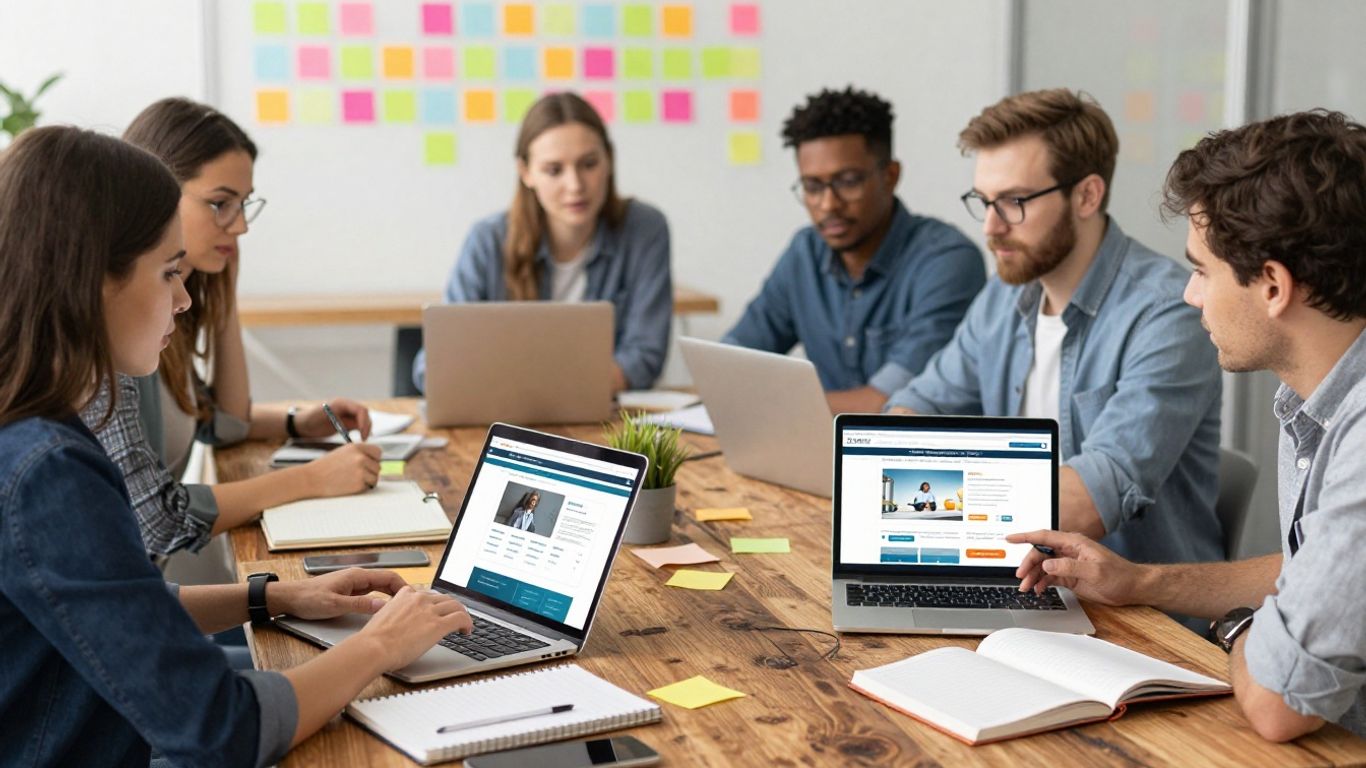 A diverse team of web positioning professionals collaborating over wireframes around a desk