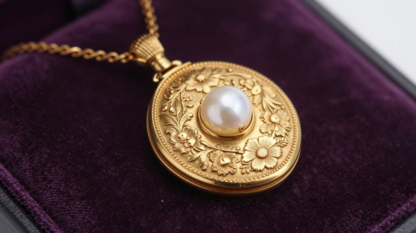 Antique gold locket with floral engravings and pearl clasp.