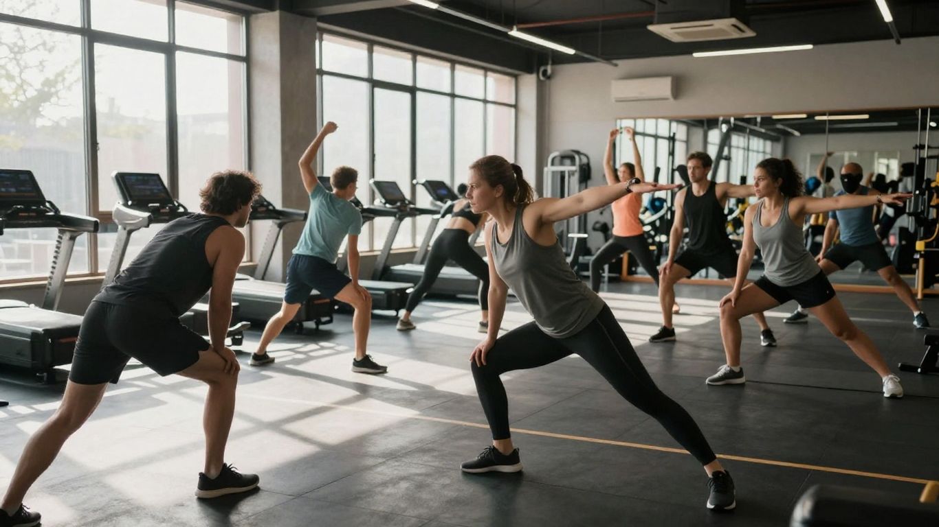 People exercising in a bright, modern gym.