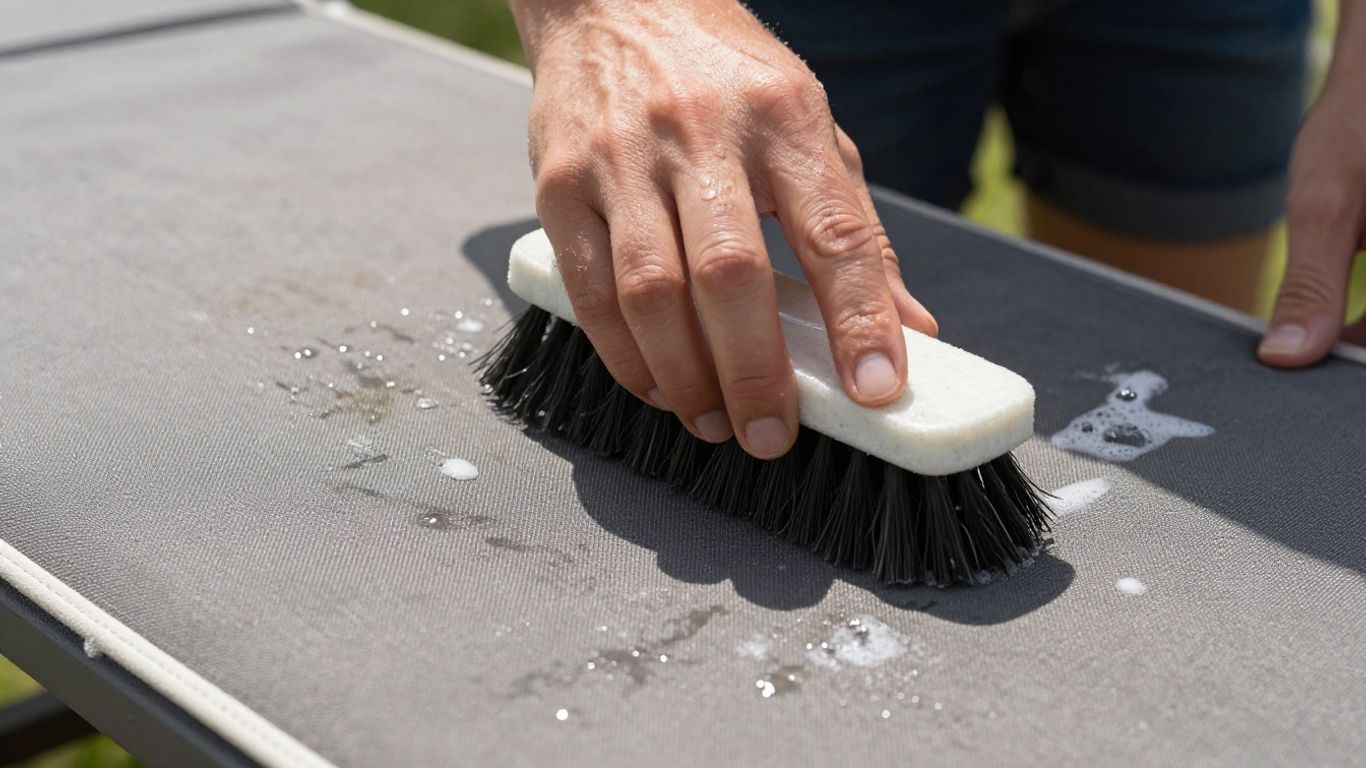 Cleaning outdoor patio cushions with a brush and soap.