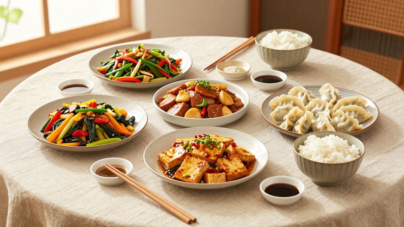 A colorful Chinese home cooking spread