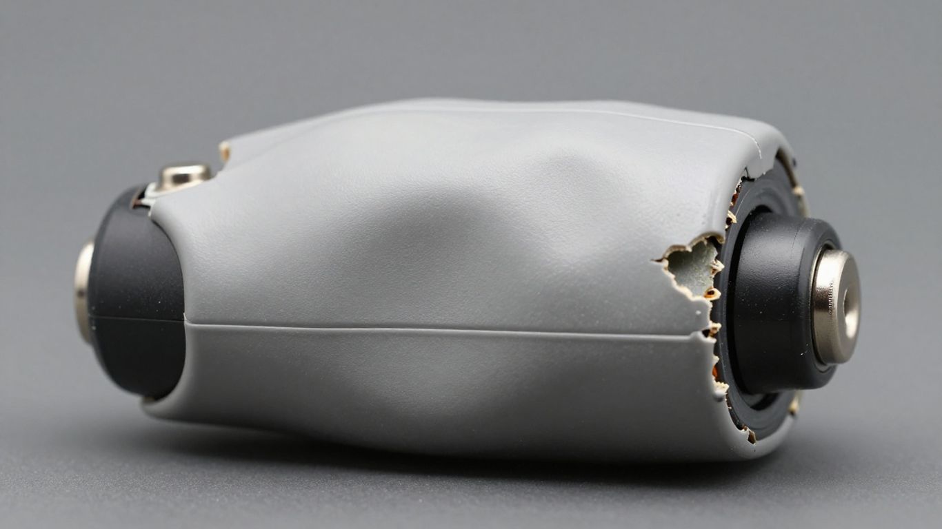 Damaged drone battery with swollen casing.