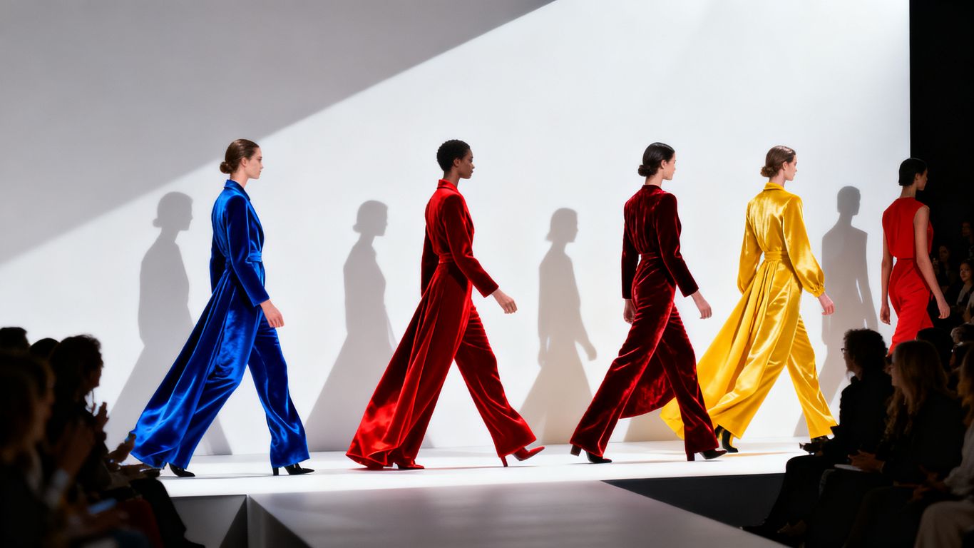 Models in bold, colorful spring fashion on a runway.