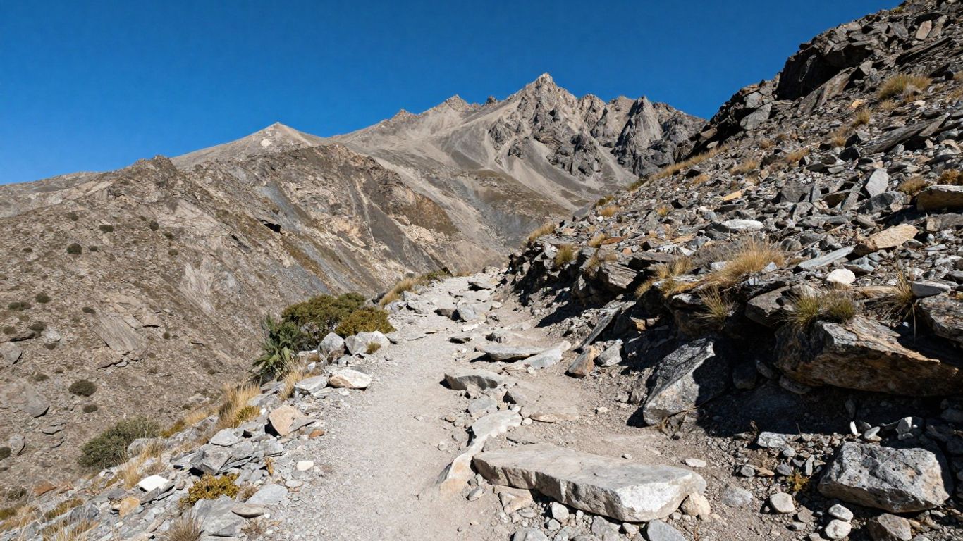 Rocky mountain trail with peaks and sparse vegetation.