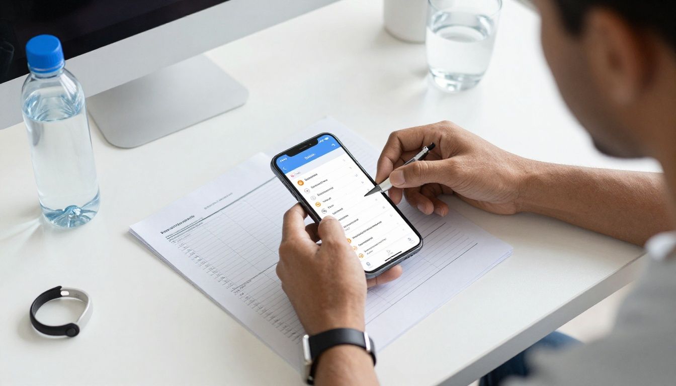 Bright modern health-tech scene showing a diverse adult organizing medication notes, lab results, supplements, and recovery habits on a smartphone beside a clean desk with a water bottle and fitness tracker