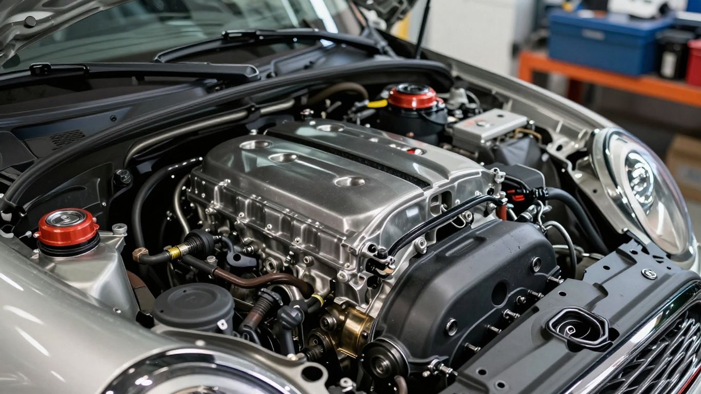 Used Mini Cooper engine in a workshop