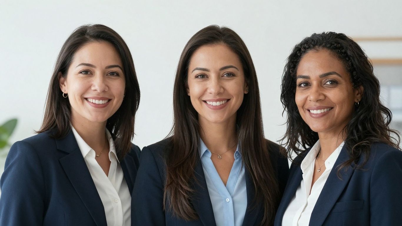 Three diverse women smiling in professional attire.