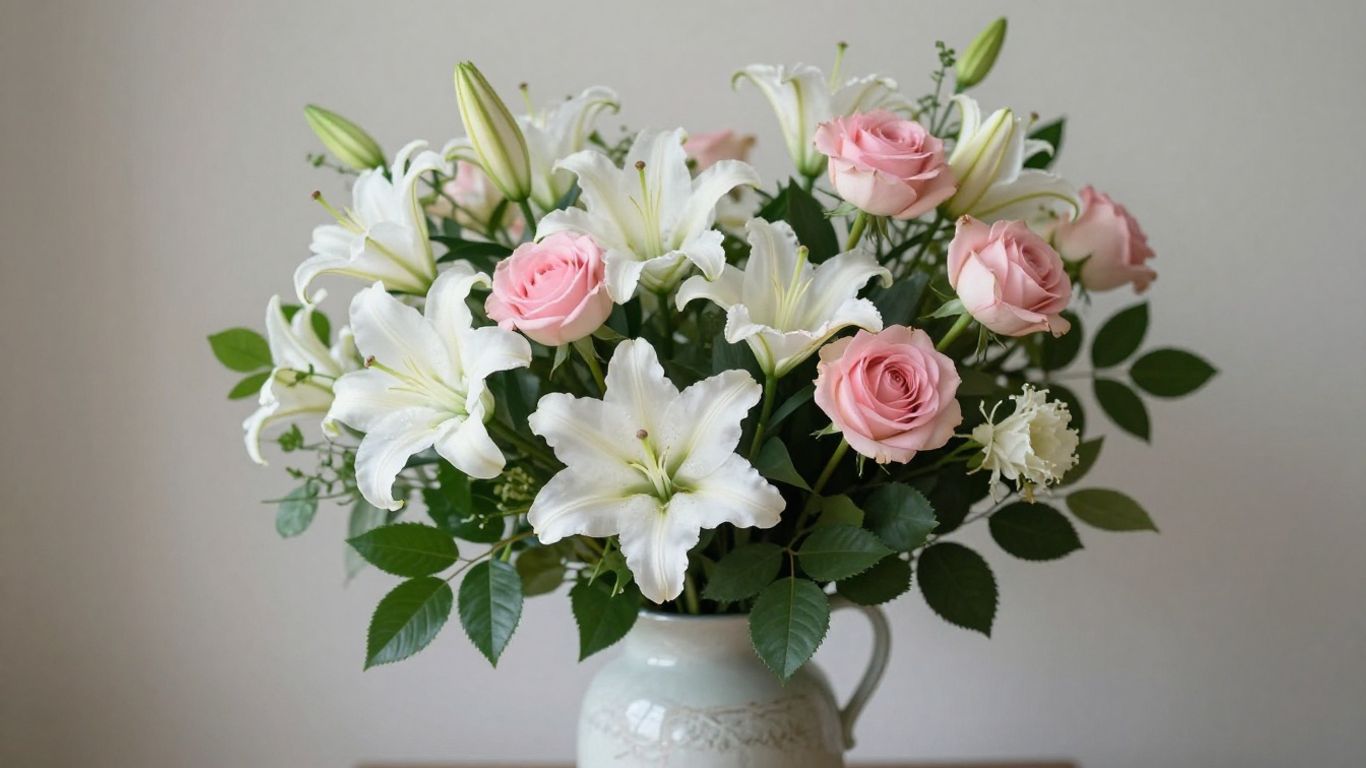 Funeral flowers arrangement with lilies and roses.