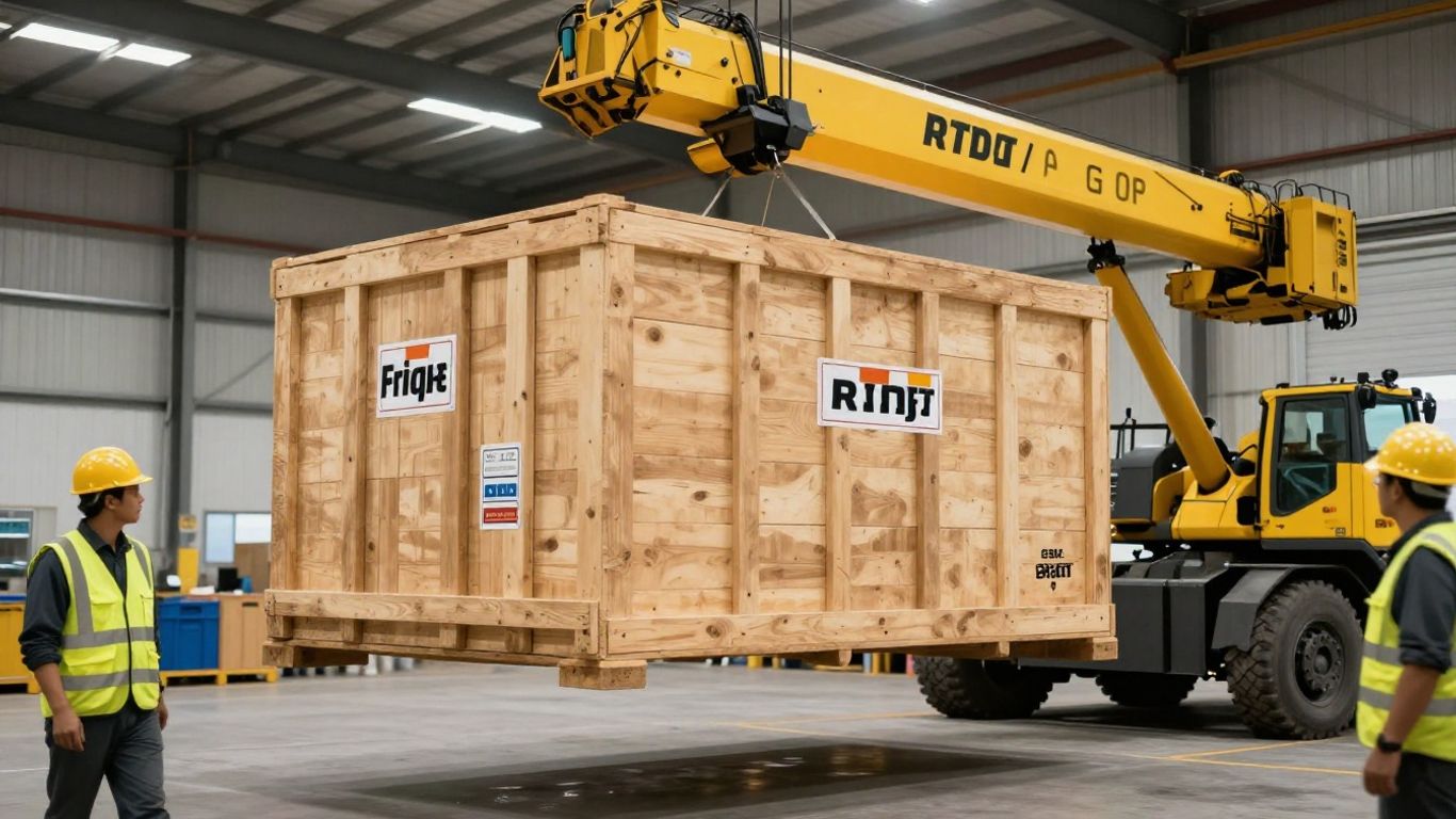 Heavy equipment crane lifting metal crate