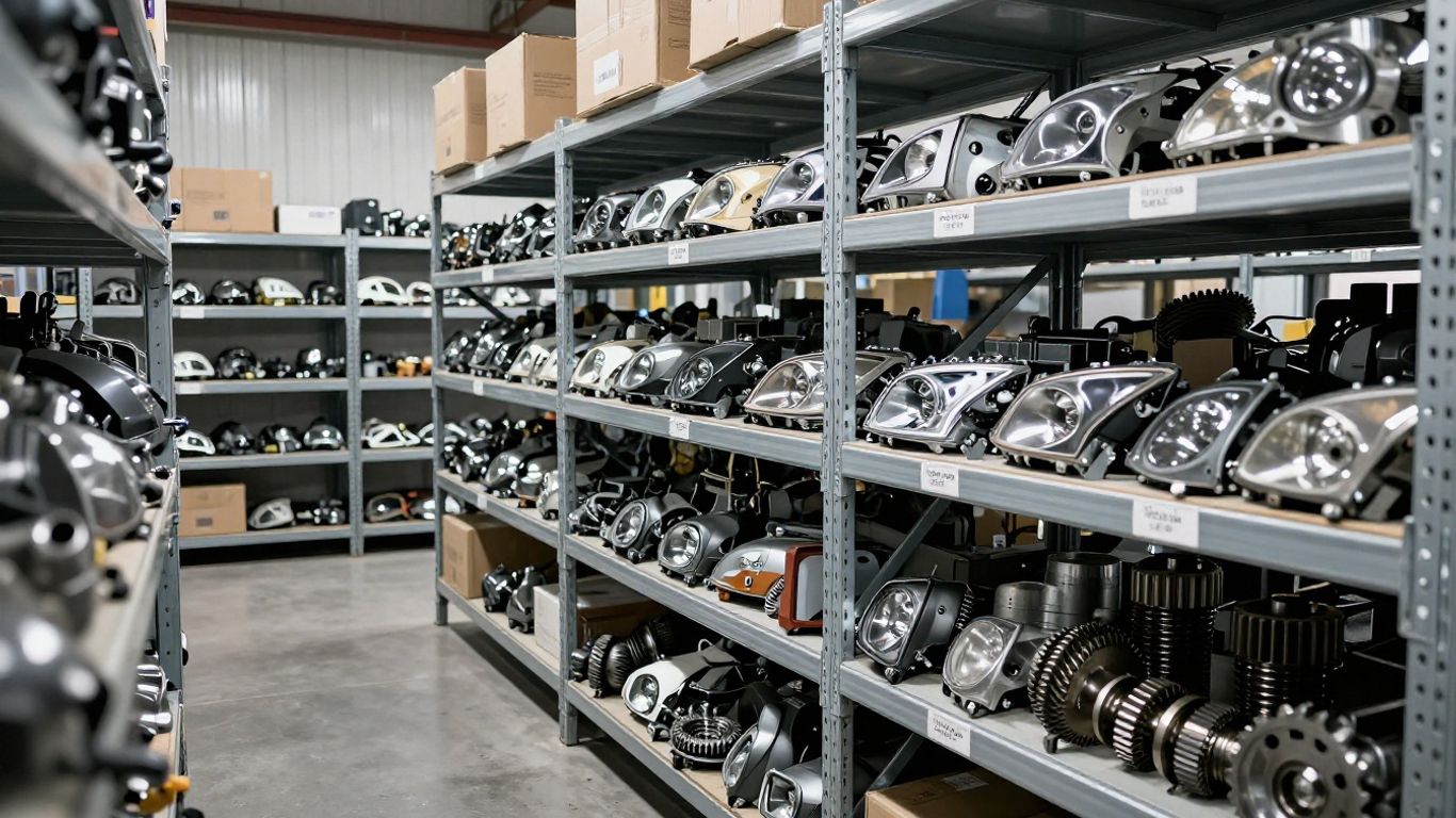 A shelf filled with organized automotive parts
