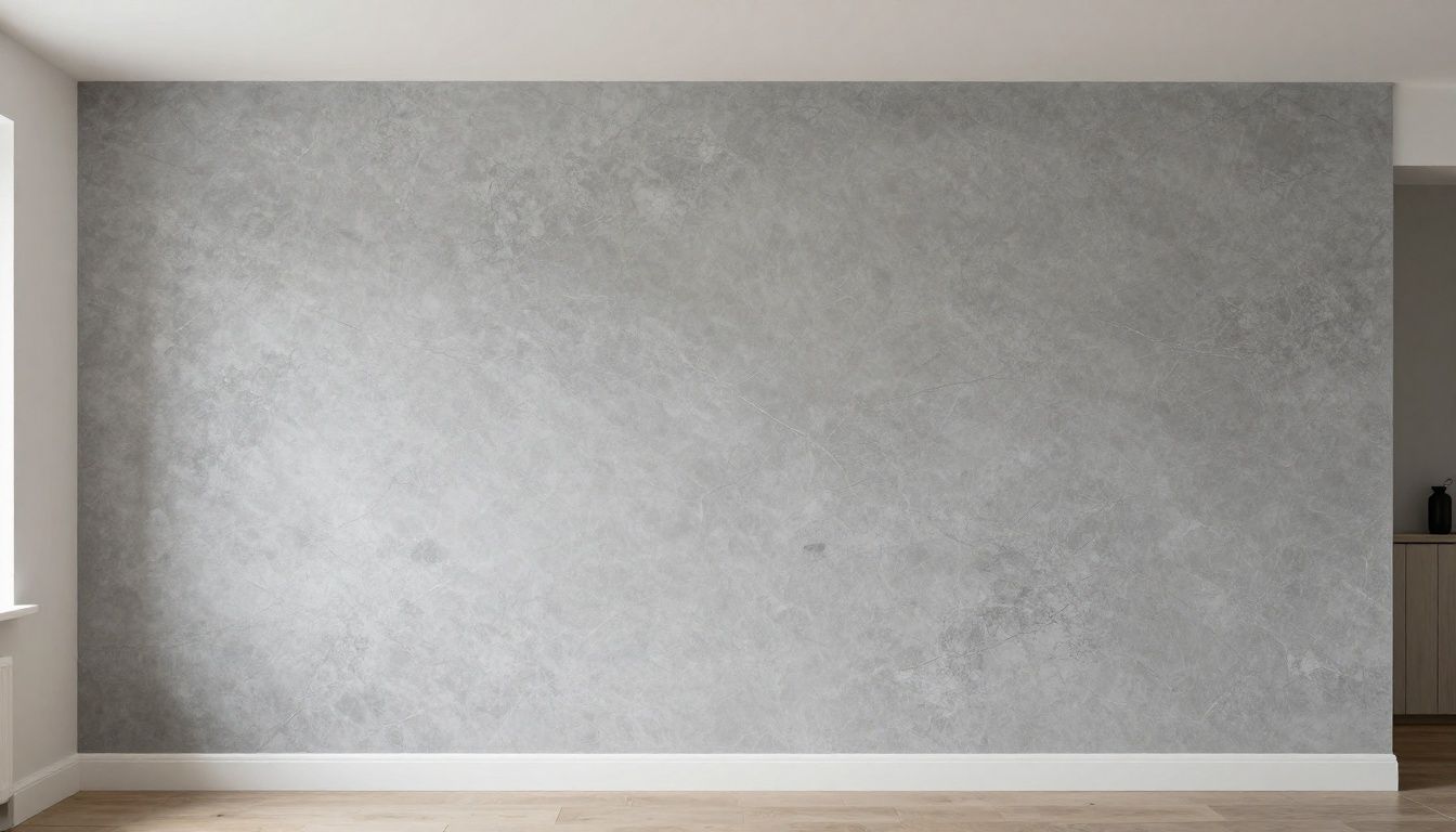 A stunning feature wall with a textured grey marmorino finish in a contemporary Bristol apartment.