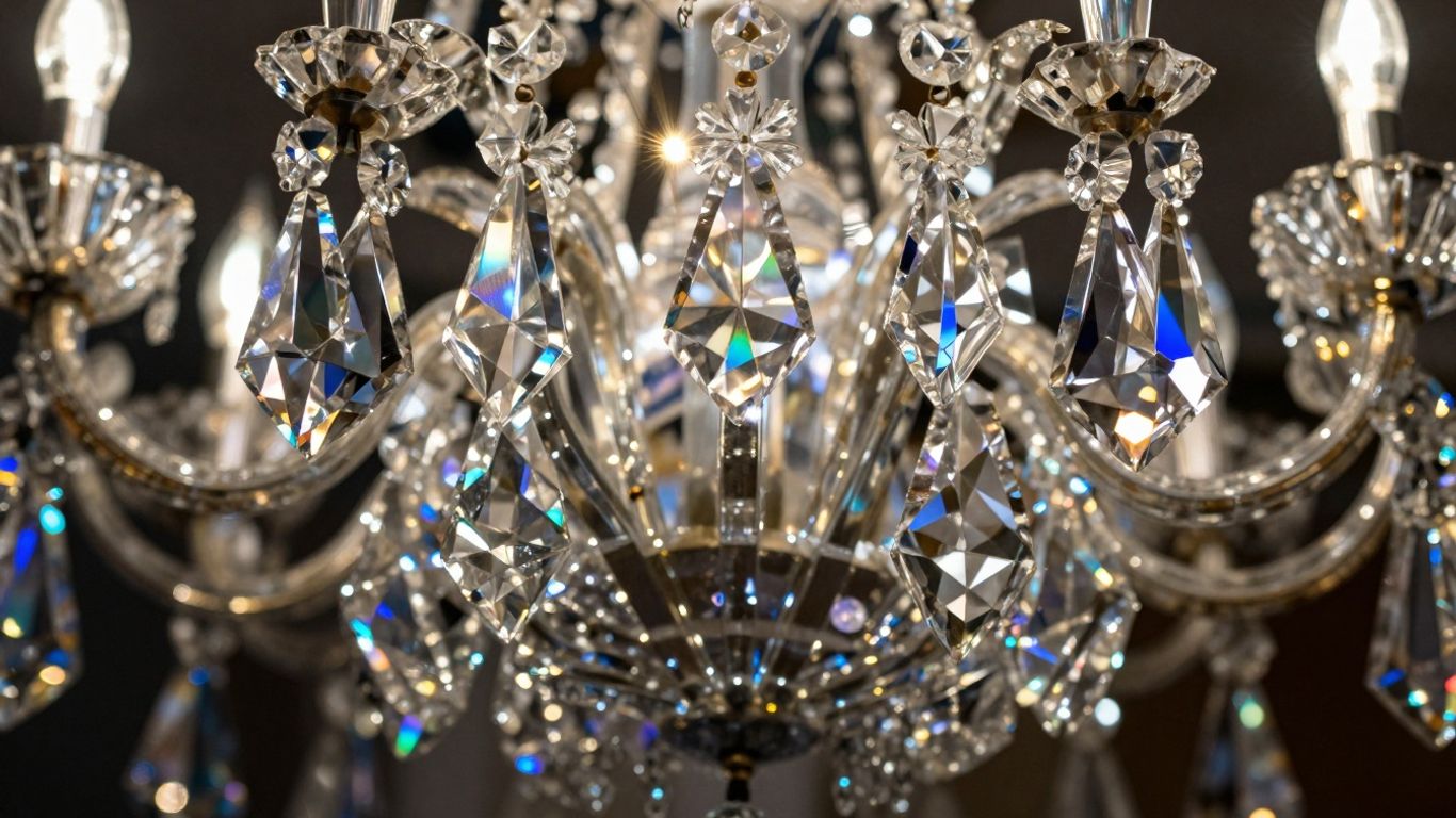 Sparkling vintage chandelier crystals with prismatic light reflections.