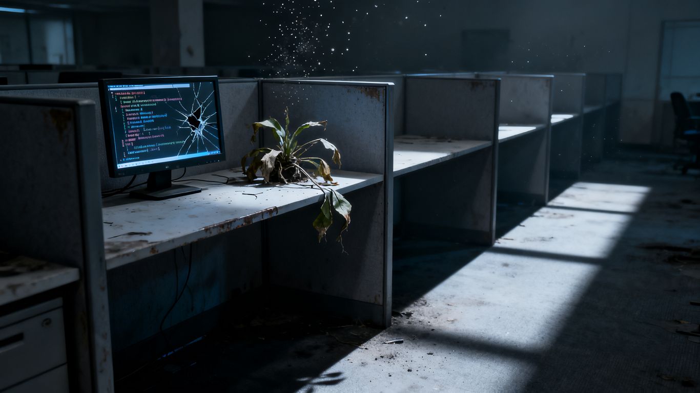 Empty office cubicle with a broken code on screen.