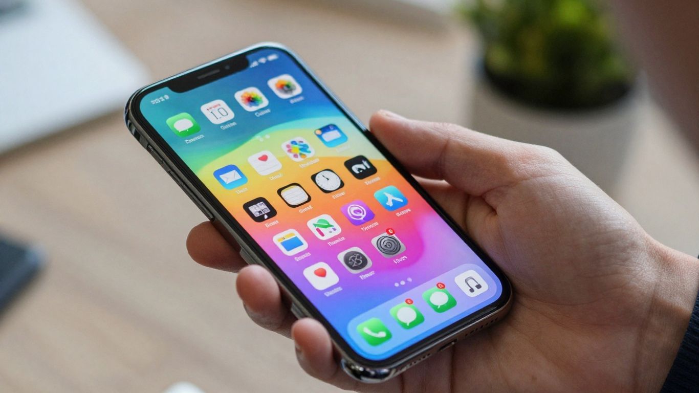 Mão segurando celular com aplicativos organizados na tela.