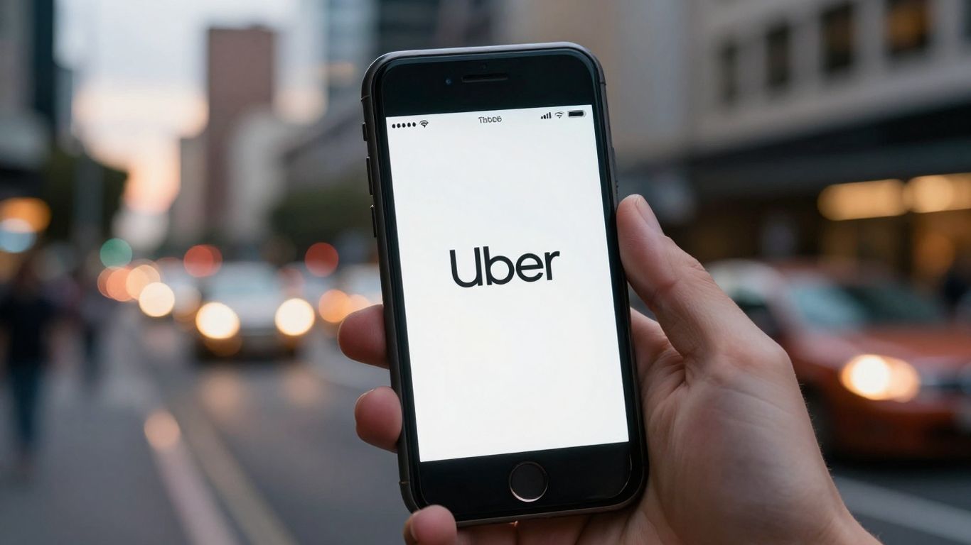 Uber app on phone with Australian city background.