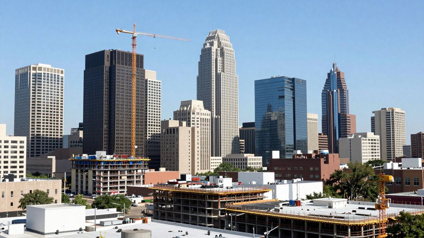 Austin skyline with construction cranes and modern buildings.