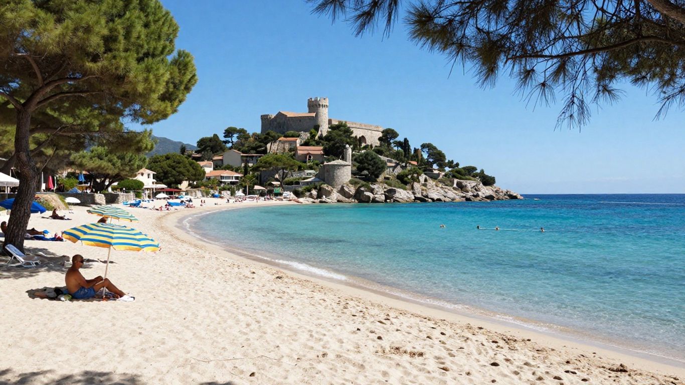 Calvi beach and Citadel across bay