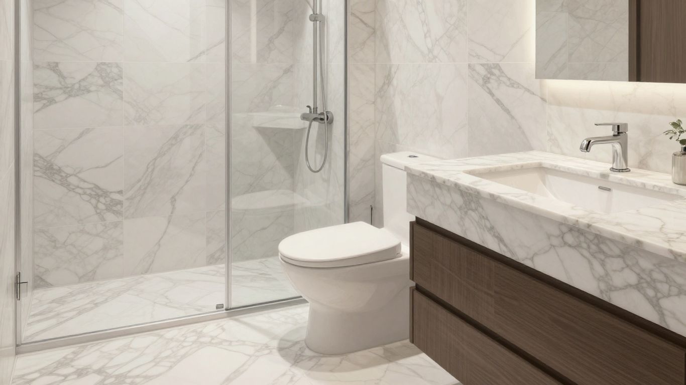 Elegant marble tile bathroom with a countertop.